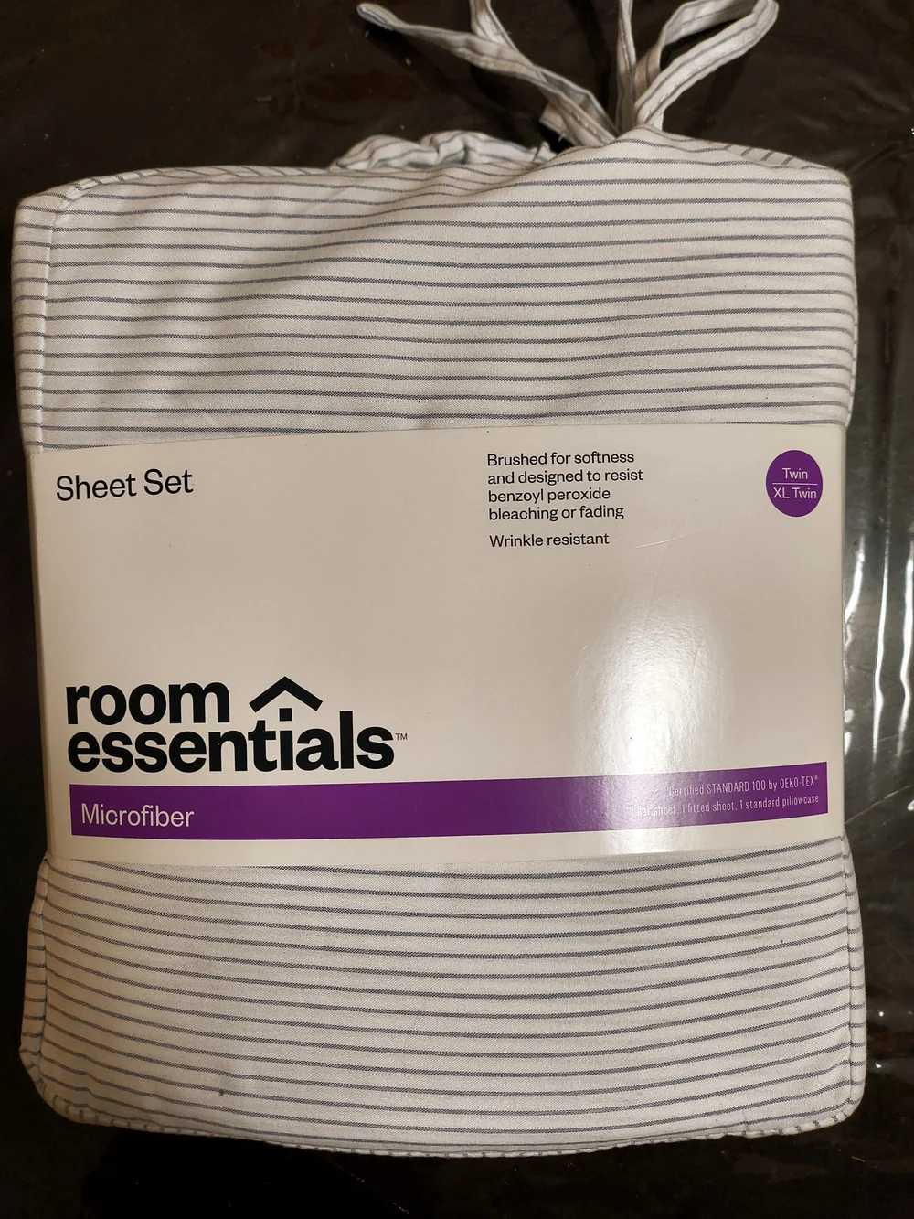 room essentials Twin XL Microfiber Sheet Set - White with Thin Gray Stripes